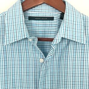 PERRY ELLIS Blue Plaid Long Sleeve Collar Button-Up Shirt 100% Cotton, Medium